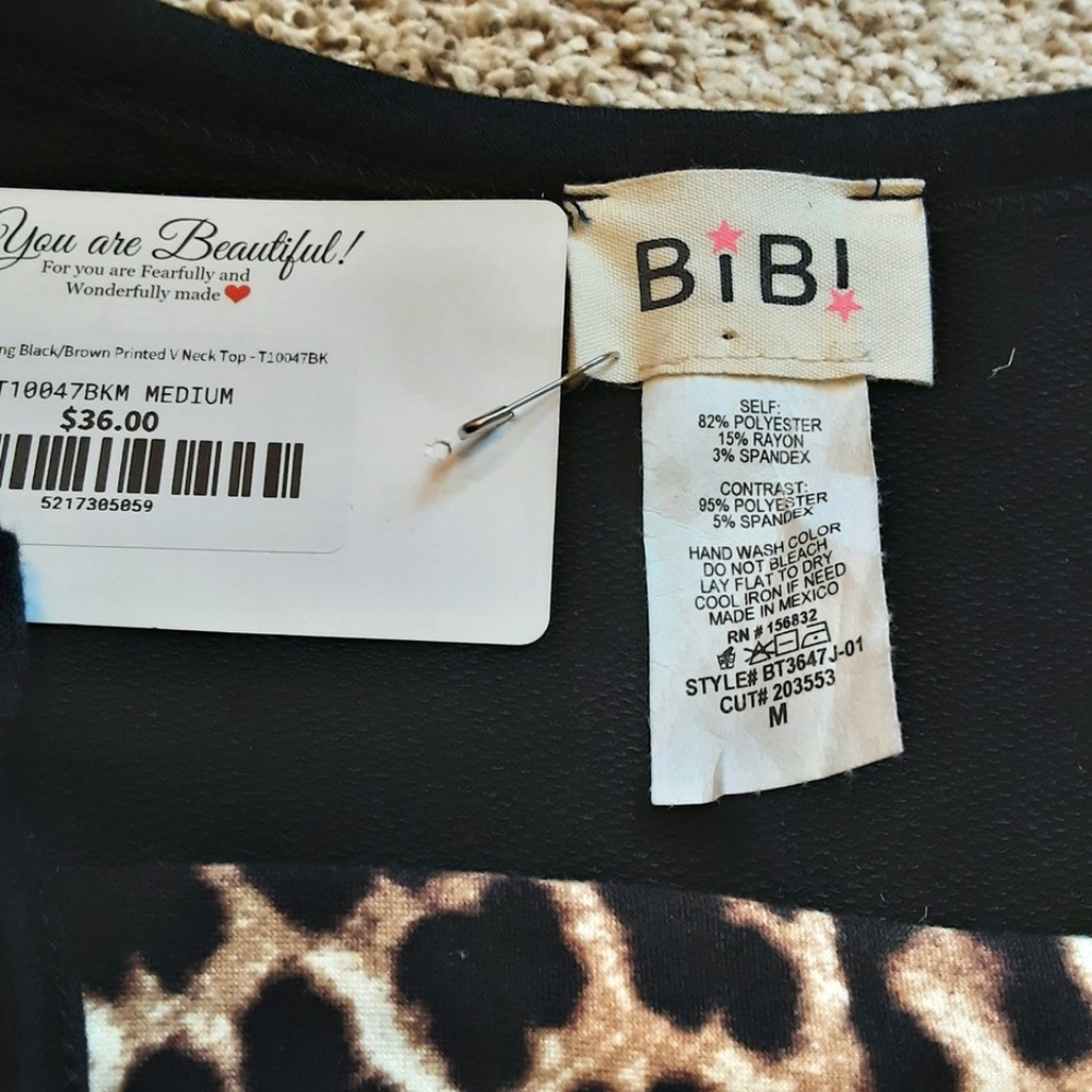 BiBi Long Sleeve Jersey Knit Top Black, Leopard Trim V-neck Size M - NWT - Picture 5 of 10
